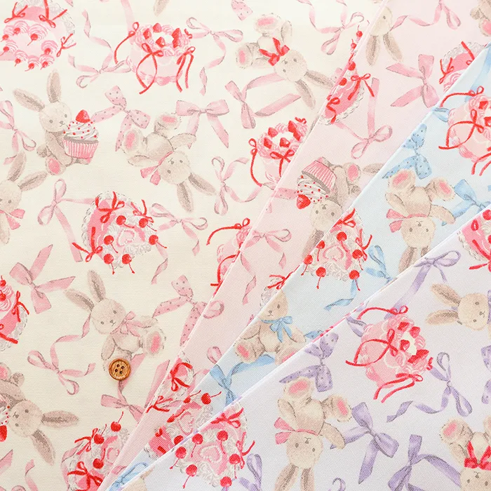 コットンオックスプリント生地　クラシカルモダン　ラビットリボン