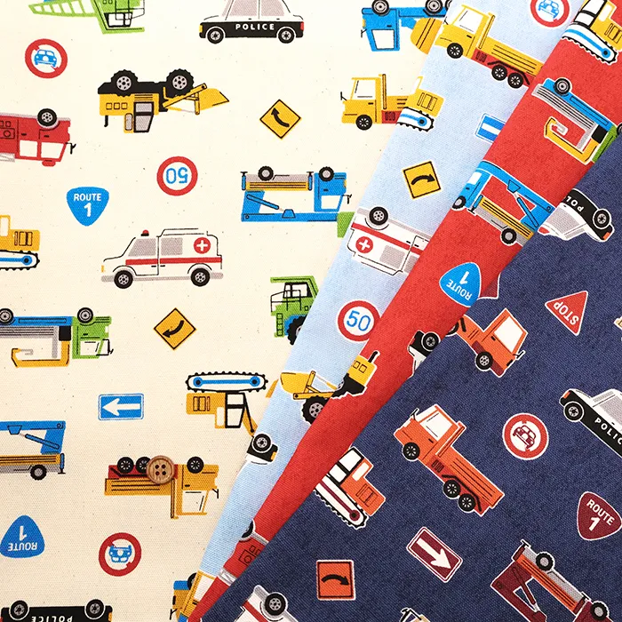 コットンオックスプリント生地　お気に入りシリーズ　はたらく車たち