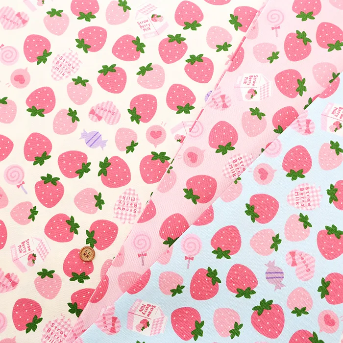 コットンオックスプリント生地　お気に入りシリーズ　ストロベリーミルク