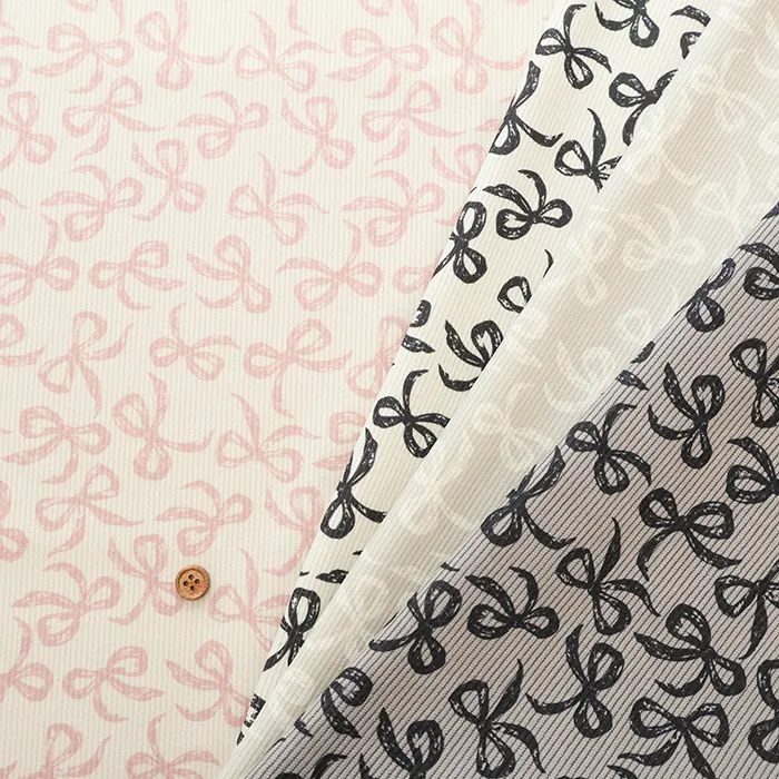 中国製　Nerori Rose　ポリエステル細コールプリント生地　リボン