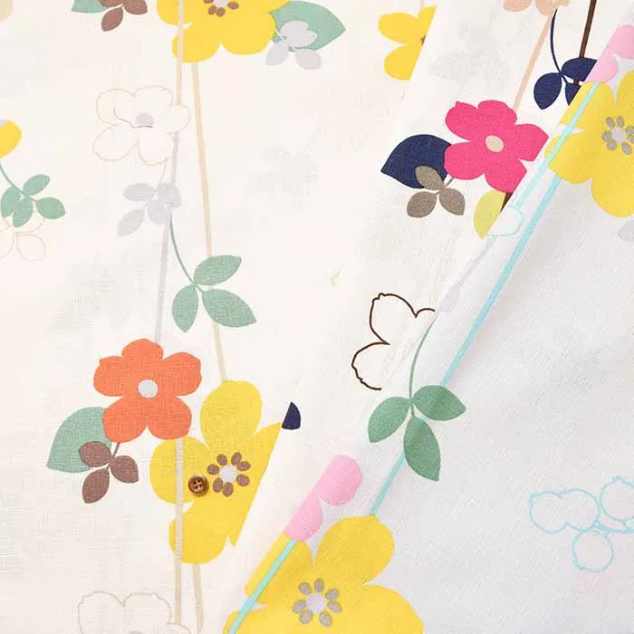 W巾コットンバッキンガムプリント生地　ラインフラワー