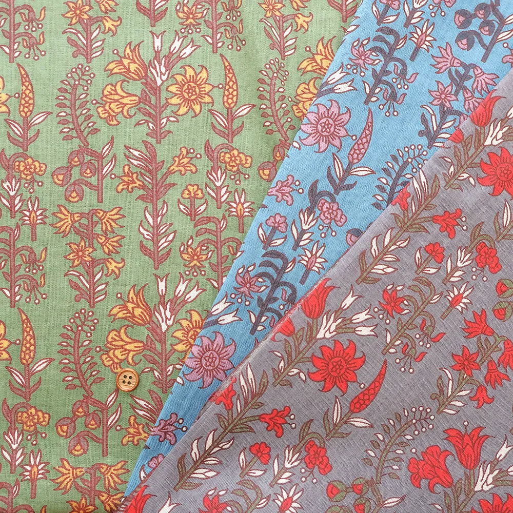 インド製　コットンシーチングプリント生地　エスニックフラワー　ボタニカル