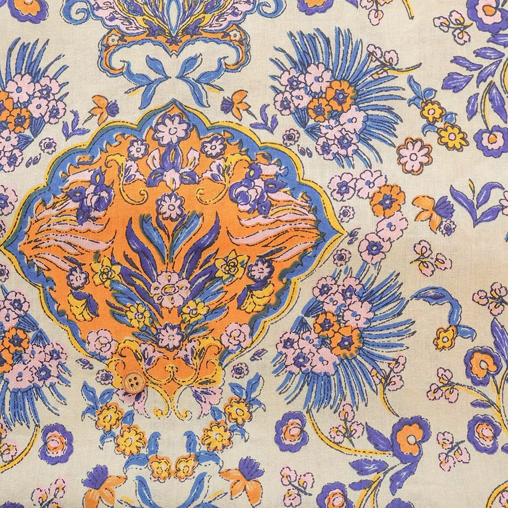 インド製　コットンシーチングプリント生地　エスニックフラワー　モチーフ