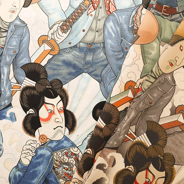 USAコットンシーチングプリント生地　ALEXANDER HENRY　denim samurai