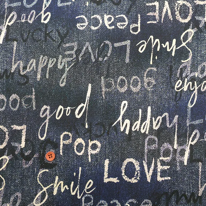 コットンシーチングインクジェットプリント生地　Masako Takeishi　Lovely Panic　デニム風