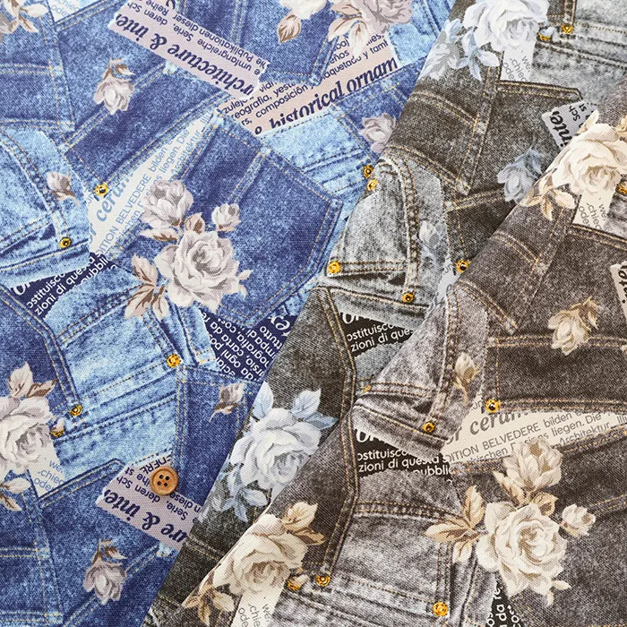 コットンオックスプリント生地　デニム×バラ