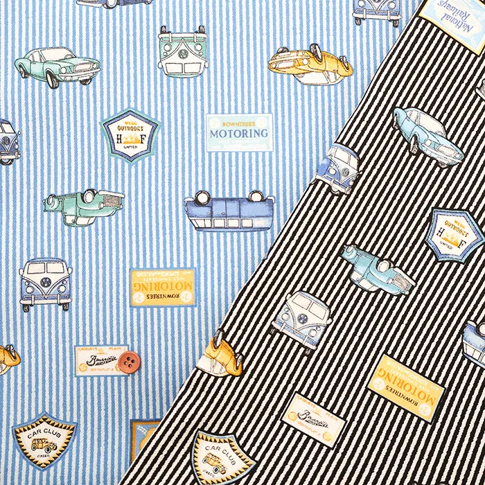 コットンオックスプリント生地　ヴィンテージカー×ストライプ