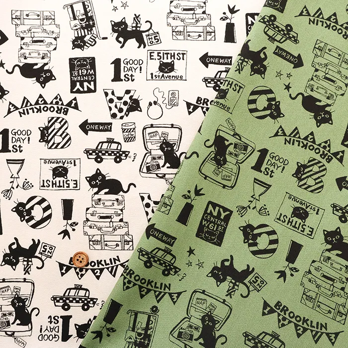 コットンオックスプリント生地　ネコの旅