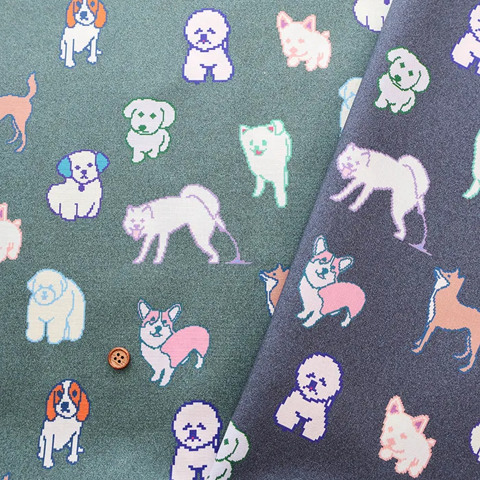 コットンシーチングプリント生地　nora　ピクセルドッグ