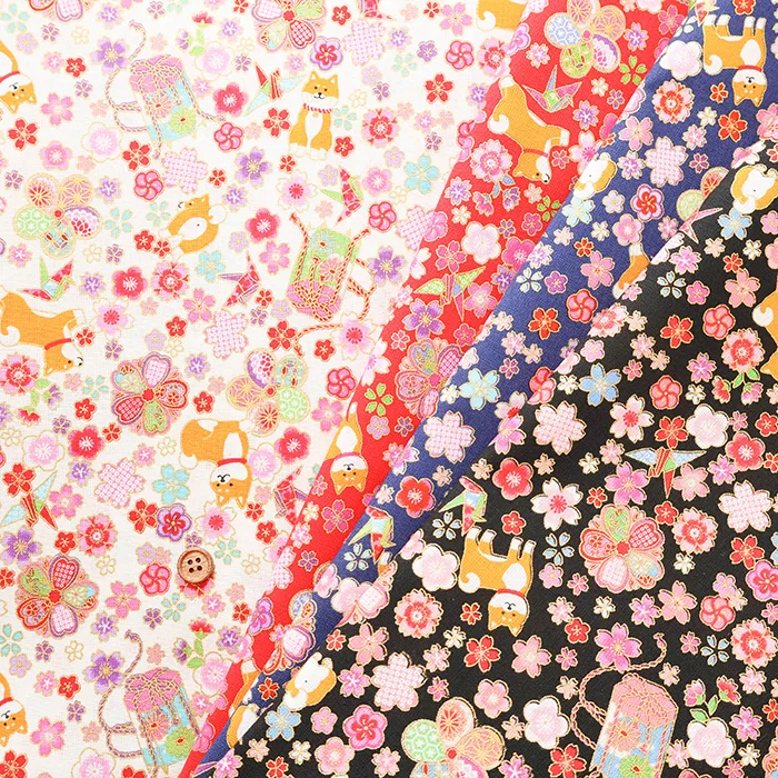 コットンシーチングラメプリント生地　和華柴犬