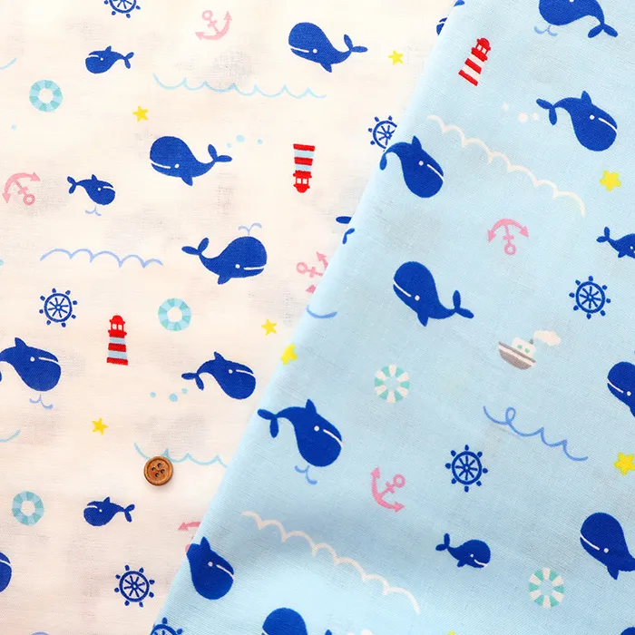 コットンダブルガーゼプリント生地　くじら