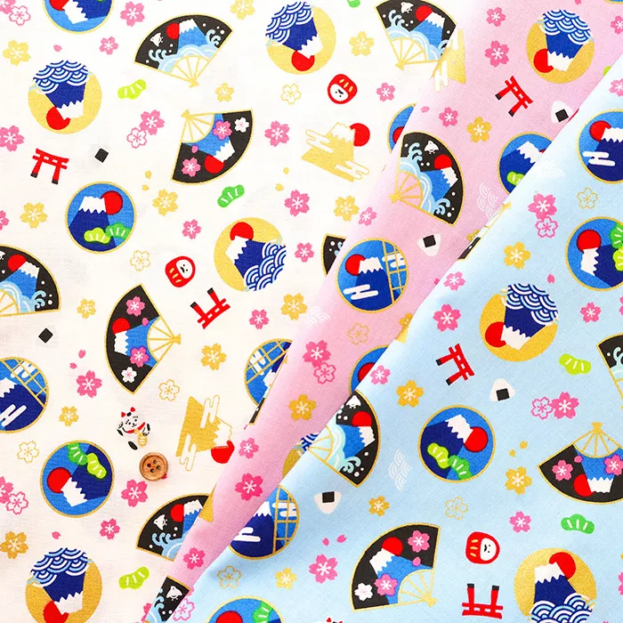コットンシーチングラメプリント生地　めでたい富士
