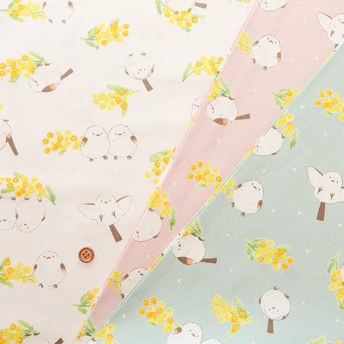 コットンオックスプリント生地　ミモザとシマエナガ