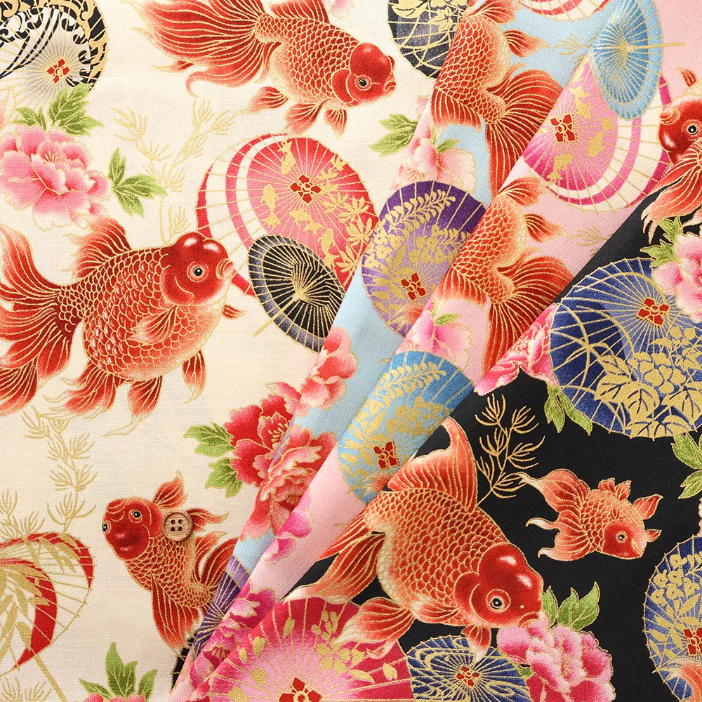 コットンシーチングプリント生地　百華繚蘭　金魚と番傘