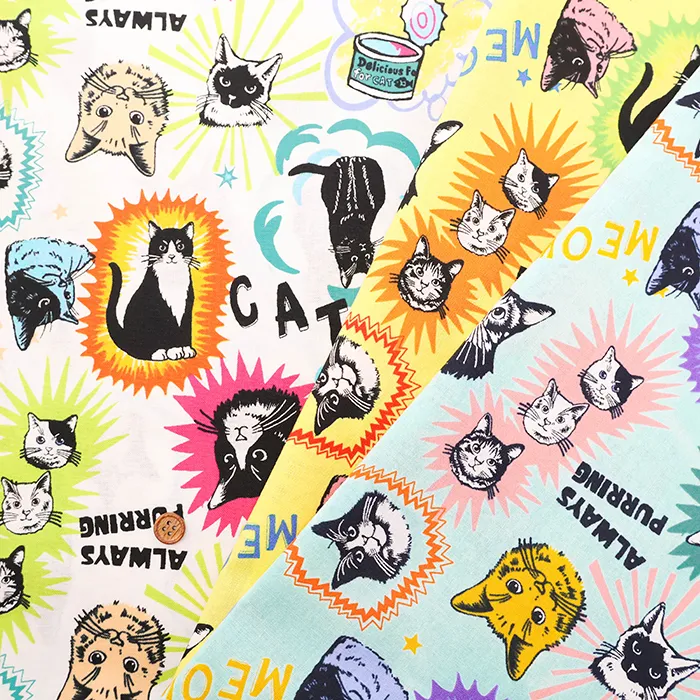 コットンシーチングプリント生地　un/no　IN THE POP WORLD キャット