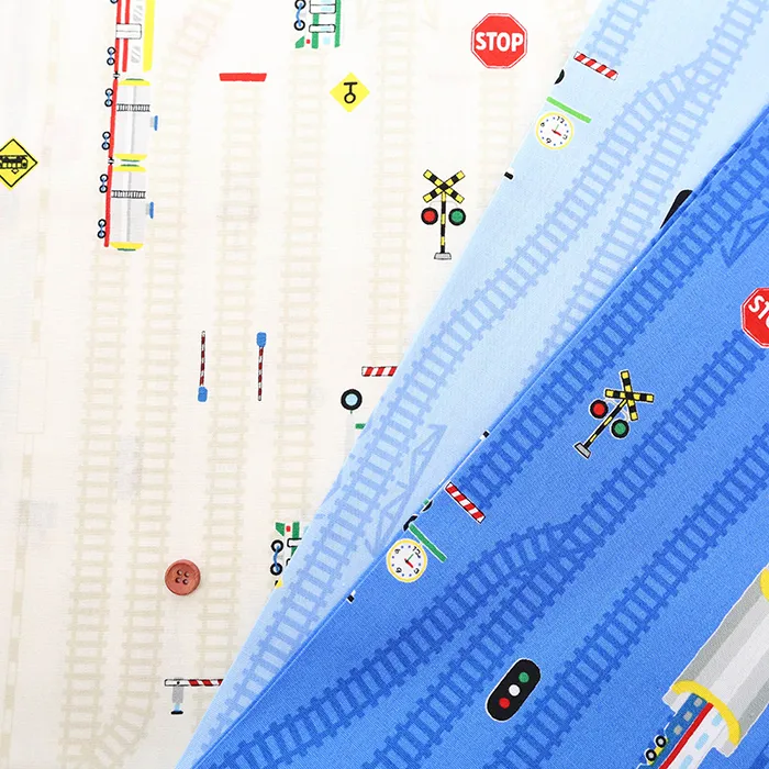 コットンCBプリント生地　線路