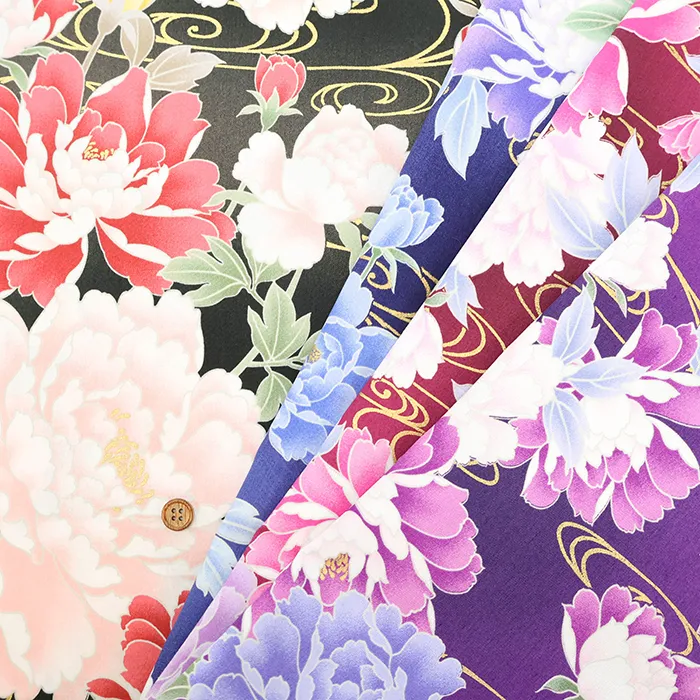 コットンサテンラメプリント生地　牡丹