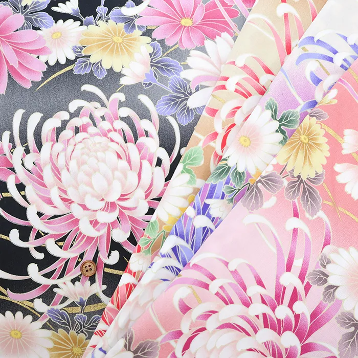 コットンサテンラメプリント生地　菊