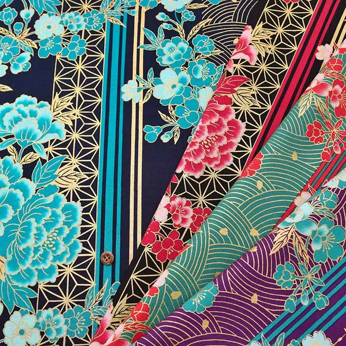 コットンシーチングラメプリント生地　花とストライプ