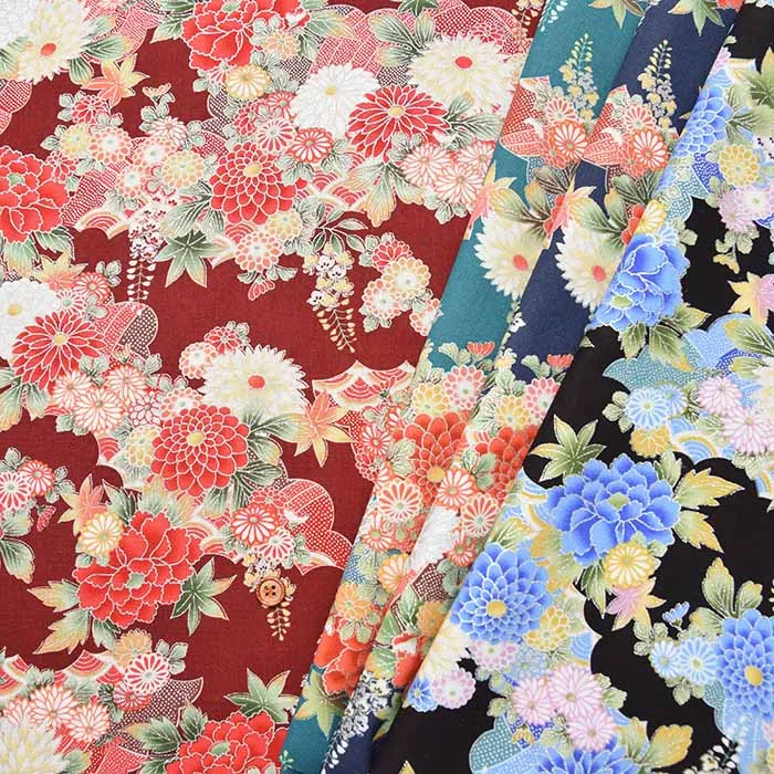 コットンシーチングシルバーラメプリント生地　和菊