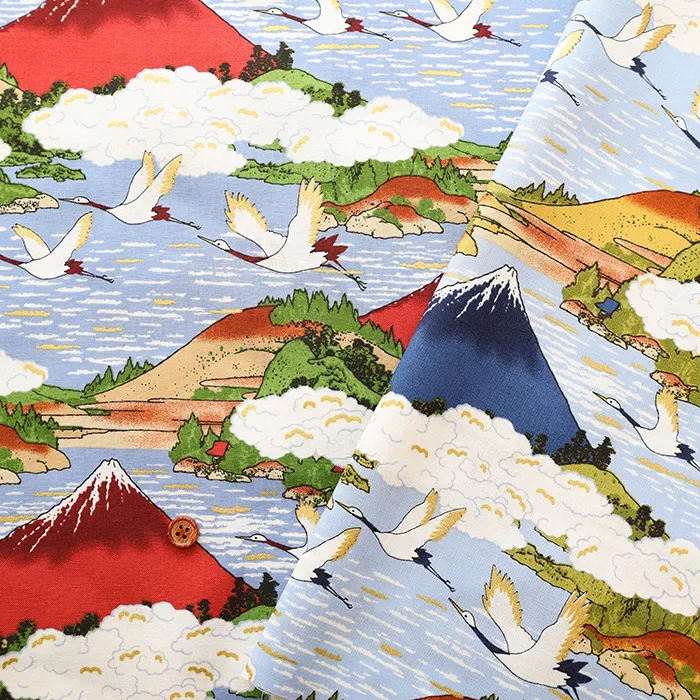 コットンスケアラメプリント生地　鶴と富士