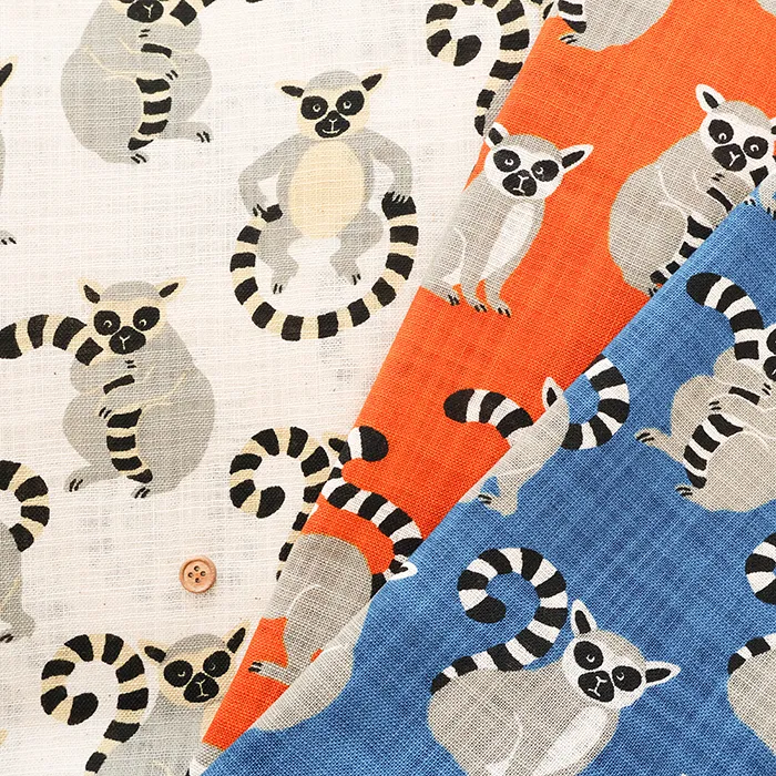 リネンライクスラブプリント生地　ワオキツネザル