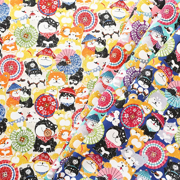 コットンスケアプリント生地　わんこだ和　ばんがさだわん