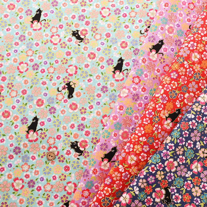 コットンスケアプリント生地　金華物語　撫子と黒猫