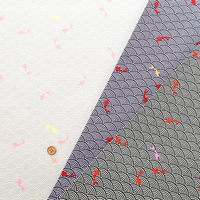 コットンシャンタンネオンプリント生地　青海波と金魚