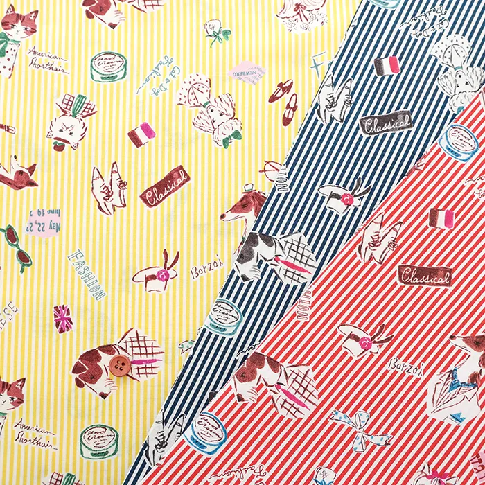 コットンシャーティングプリント生地　ソバカスキッズ　ストライプDOG&CAT