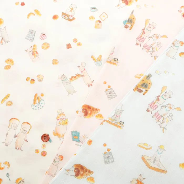 コットンダブルガーゼインクジェットプリント生地　コムギの森の生地屋さん　焼き立てパン屋さんにゃんこ