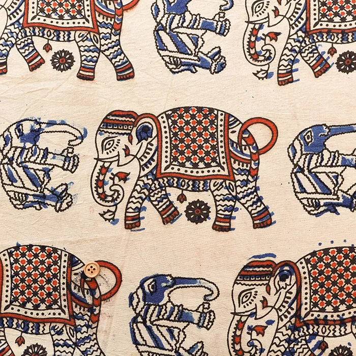 インド製　コットンカラムカリプリント生地　ゾウ