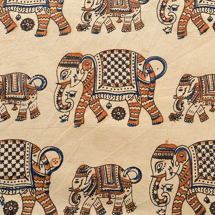 インド製　コットンカラムカリプリント生地　ゾウ