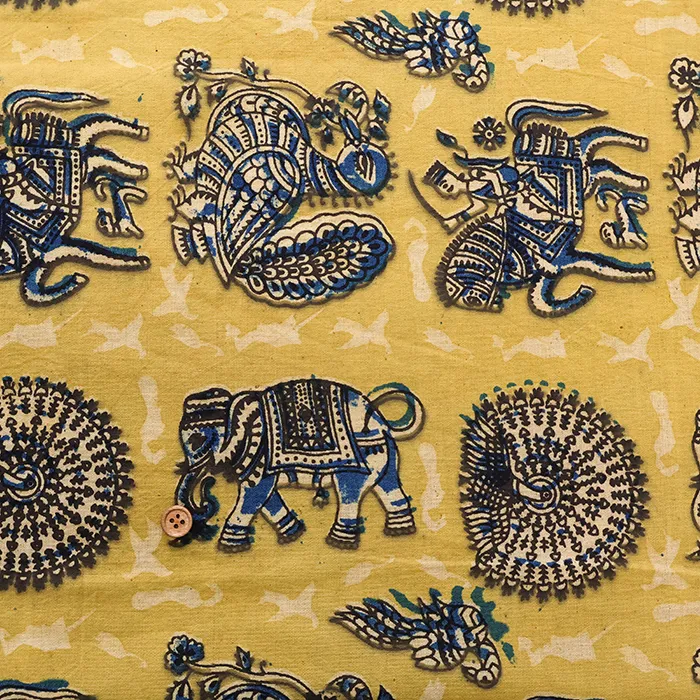 インド製　コットンカラムカリプリント生地　トリとゾウ