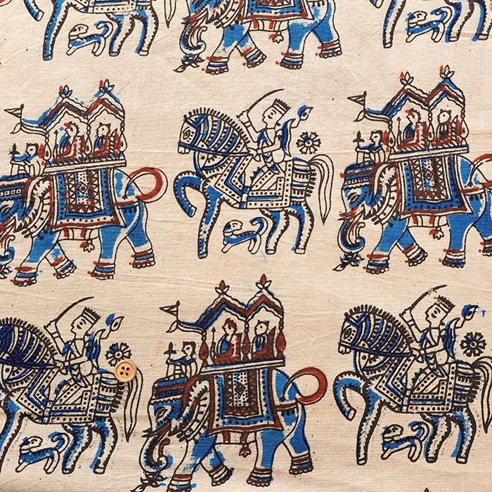 インド製　コットンカラムカリプリント生地　ゾウ