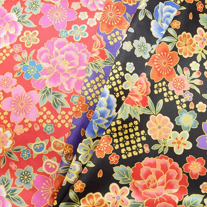 ポリエステルサテン和柄プリント生地　牡丹と桜