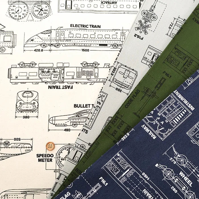 コットンオックスプリント生地　電車の設計図