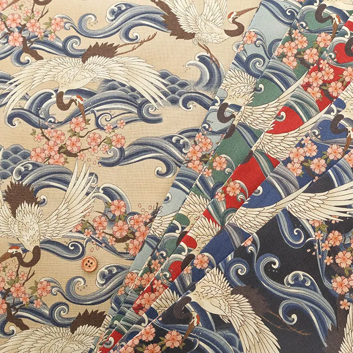 コットンシーチングプリント生地　和風ヴィンテージ調　さくらと鶴