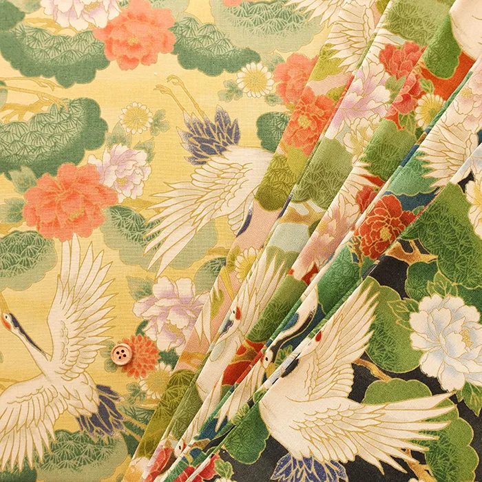 コットンシーチングプリント生地　和柄　ヴィンテージ風　鶴