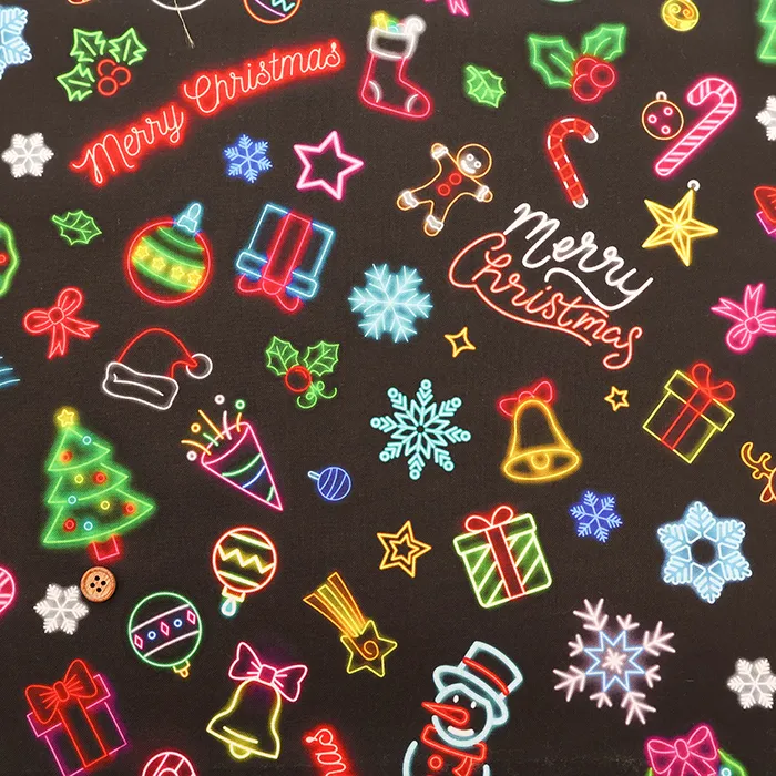 中国製　コットンシーチングインクジェットプリント生地　ネオンクリスマス