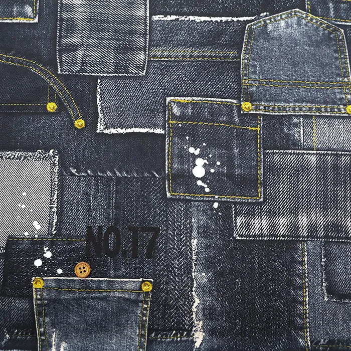 中国製　ポリエステルインクジェットニットプリント生地　MLT×COSMO　デニムパッチ