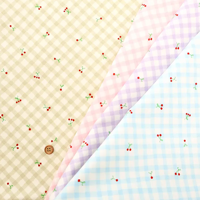 コットンオックスプリント生地　チェック＆チェリー