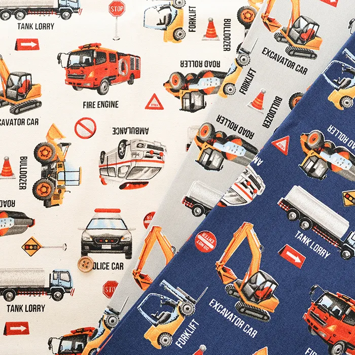 コットンオックスプリント生地　はたらく車