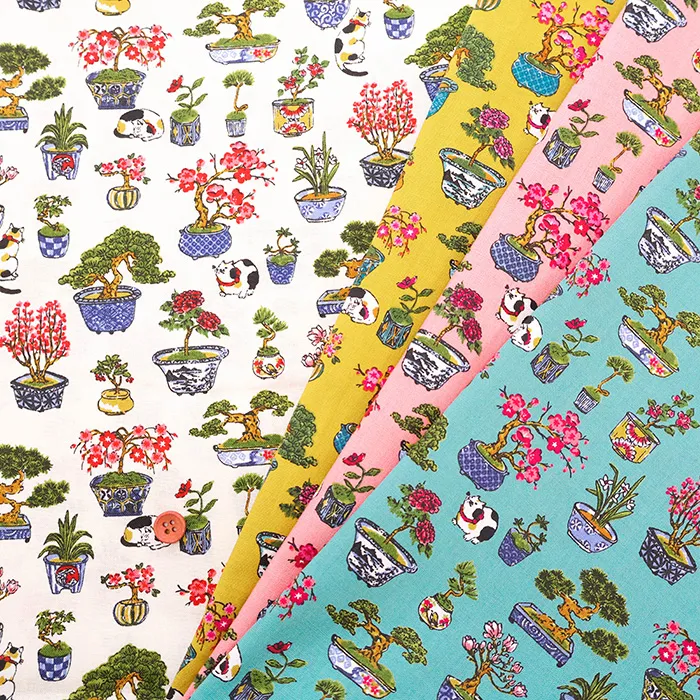 コットンスケアプリント生地　盆栽と猫