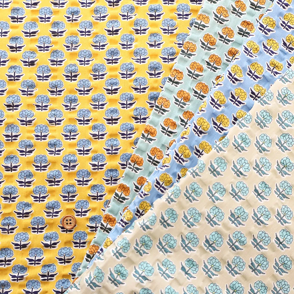 コットンリップルプリント生地　エスニックフラワー