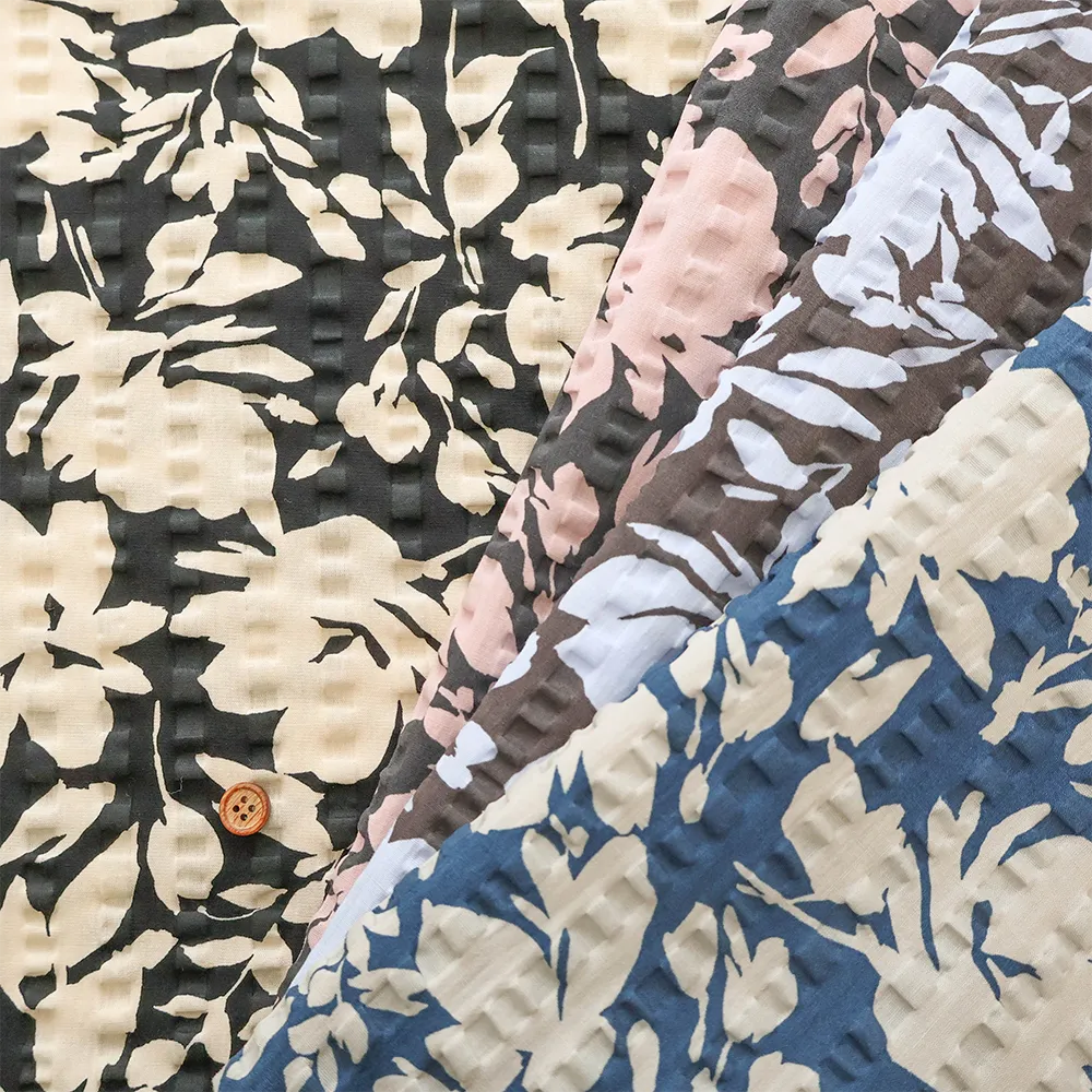 コットンリップルプリント生地　シルエットフラワー