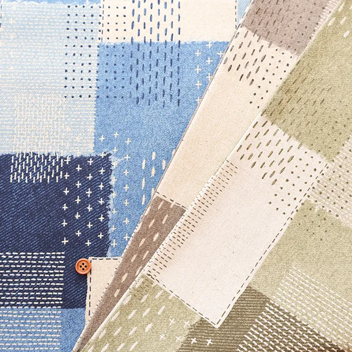 C/Lキャンバスプリント生地　デニム刺し子風パッチワーク