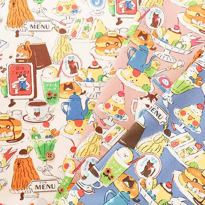 コットンオックスプリント生地　Delicious animal Retro　レトロ喫茶柄