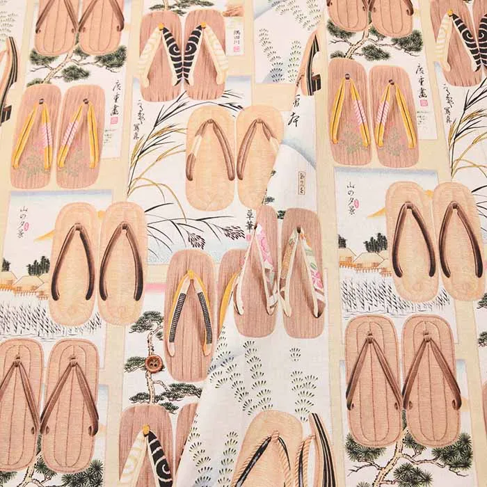 中国製　コットンシーチングインクジェットプリント生地　雪駄和歌集