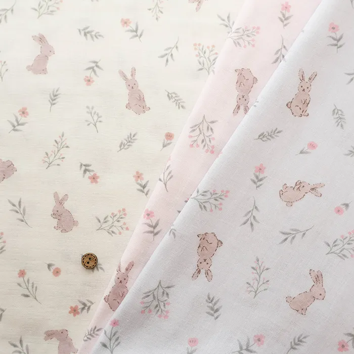 コットンダブルガーゼプリント生地　フラワーラビット